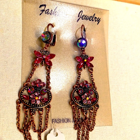 PINK RHINESTONE DANGLING BUTTERFLY EARRINGS - Picture 4 of 4